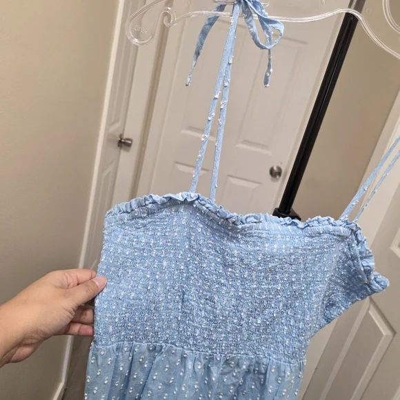 Light Blue Smocked 100% Cotton Midi Dress Tie Strap Swiss Dot Cottagecore Boho - Picture 3 of 8